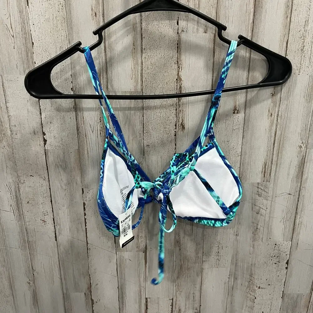 New! EXPRESS Blue Green Tropical Triangle Bikini Top Back Tie Womens Size M